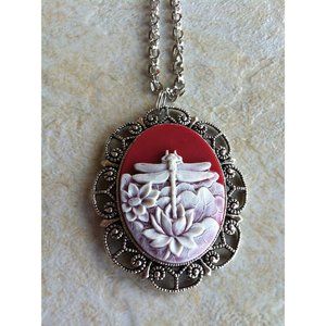 COPY - Ruby Red Dragonfly Water Lily Cameo Neckla…